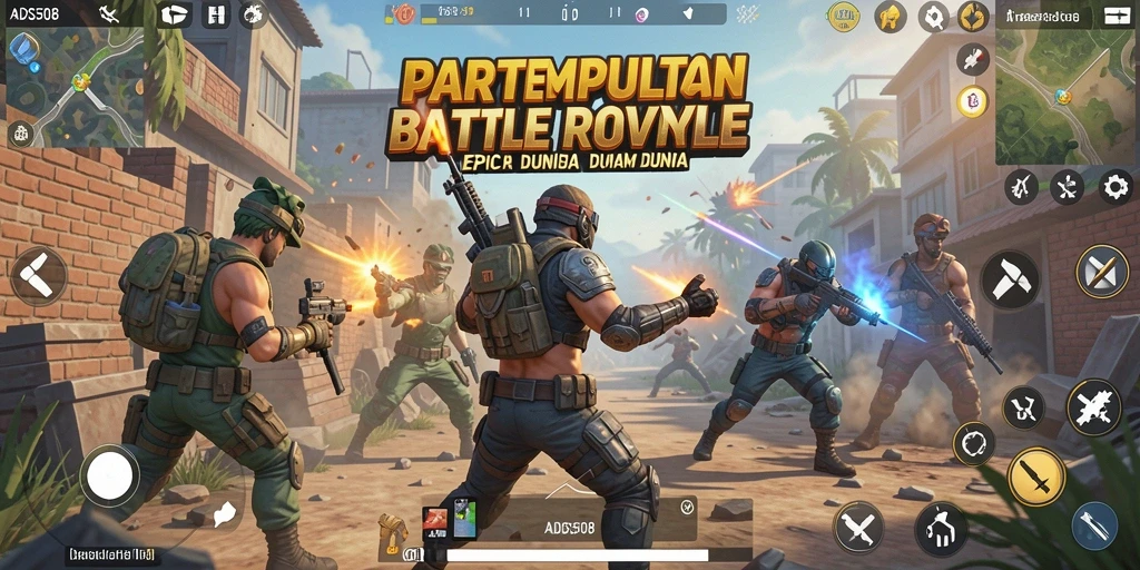 Screenshot gameplay ADS508 dengan pertempuran seru di Battle Royale.