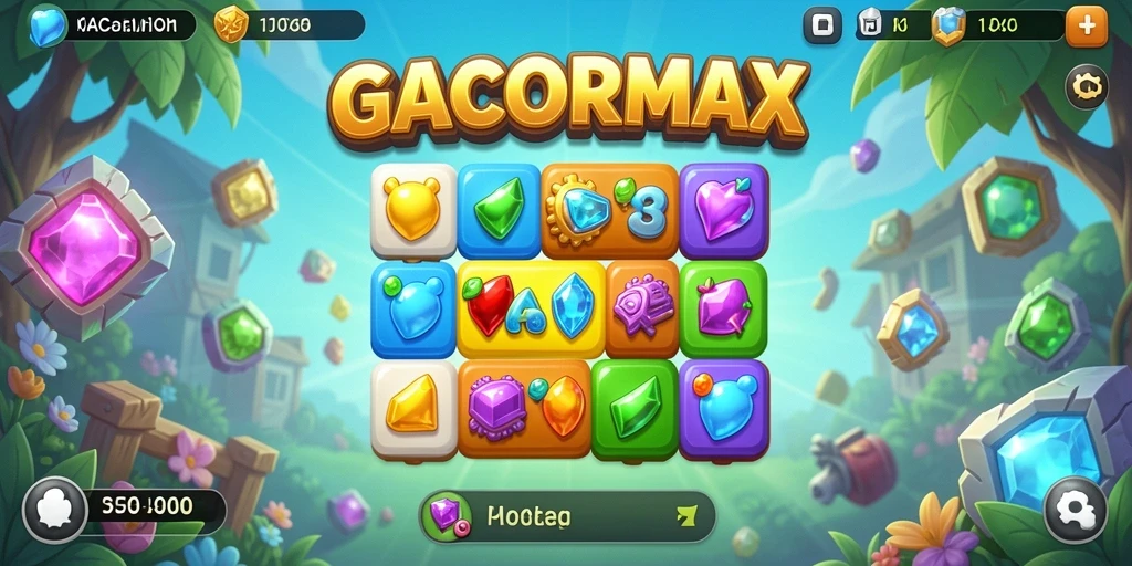 Screenshot utama GACORMAX menampilkan gameplay seru Match-3 dengan grafis menarik.