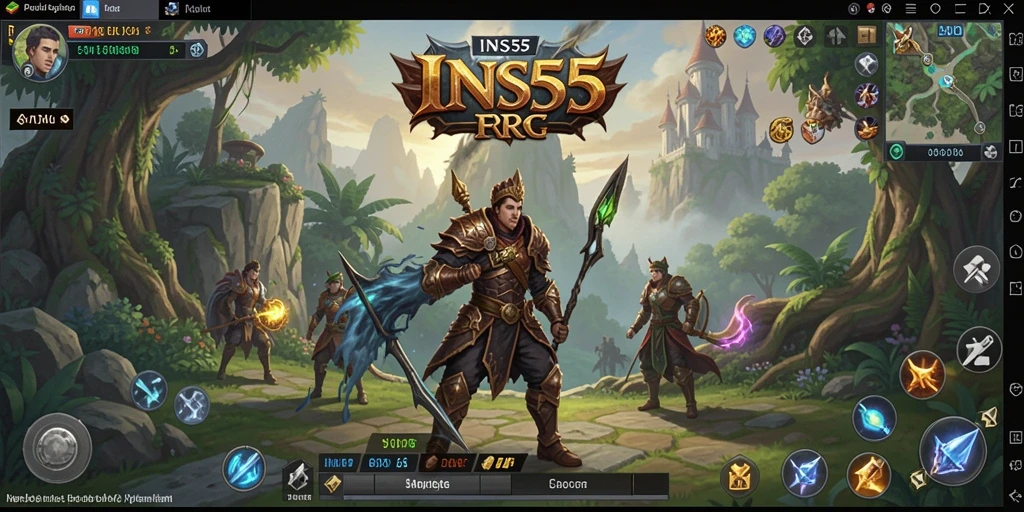 Tangkapan layar gameplay INS55 menunjukkan pertarungan epik dan dunia fantastis yang memukau.