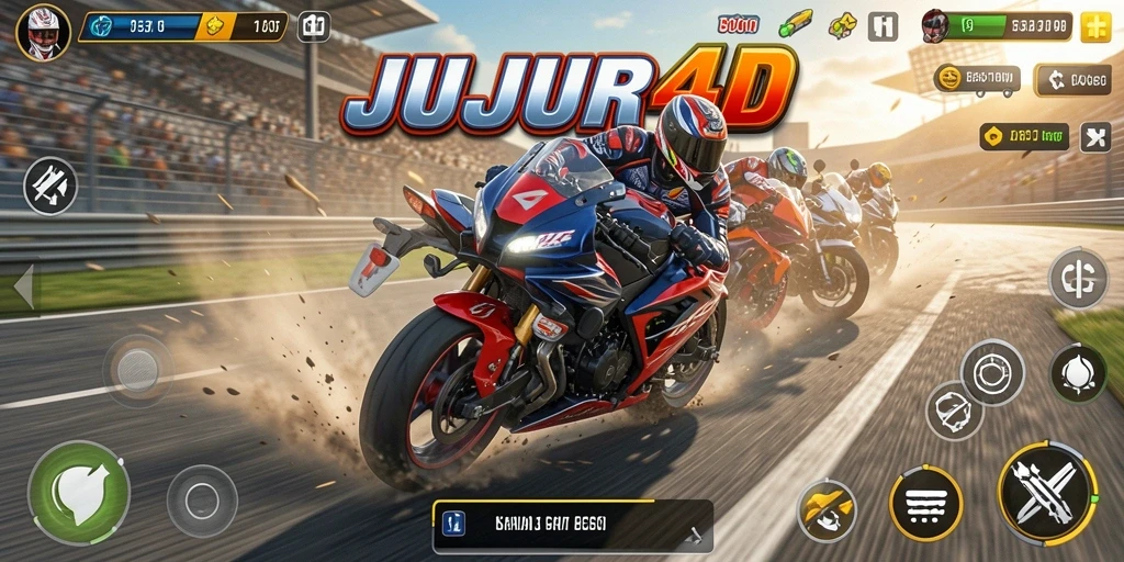 Tampilan gameplay JUJUR4D yang menegangkan dengan balapan motor yang penuh aksi.