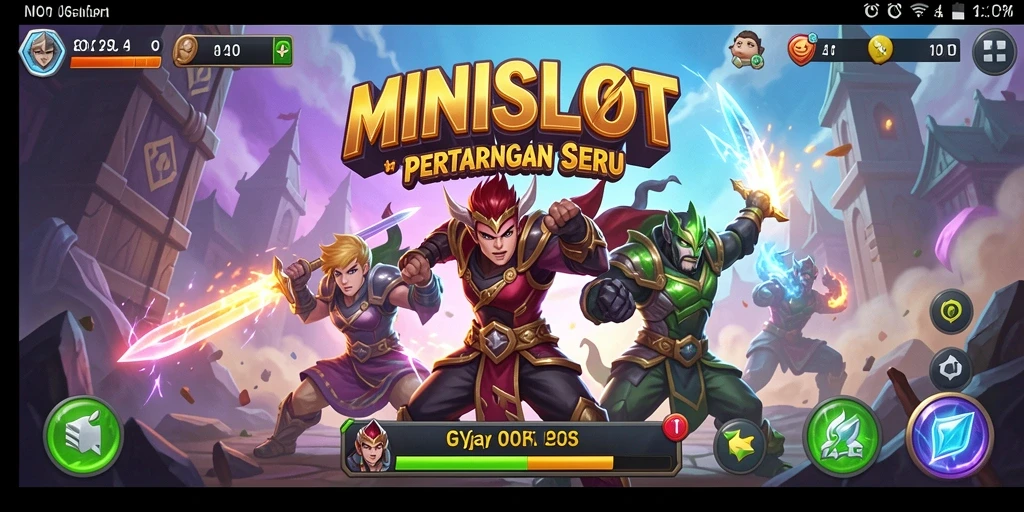 Screenshot MINISLOT menampilkan karakter bertarung di arena tempur yang dinamis.