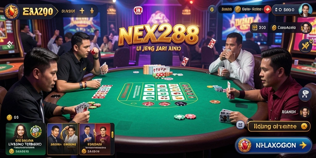 Screenshot gameplay NEX288 menunjukkan dealer langsung yang ramah dan meja permainan yang menarik.
