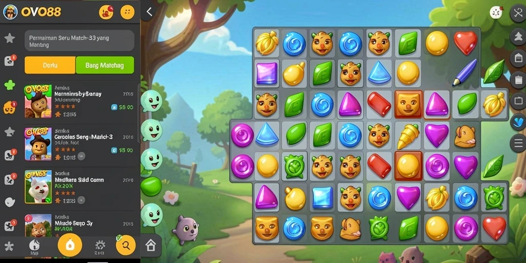 Tampilan seru gameplay OVO88 yang penuh warna dan tantangan Match-3.